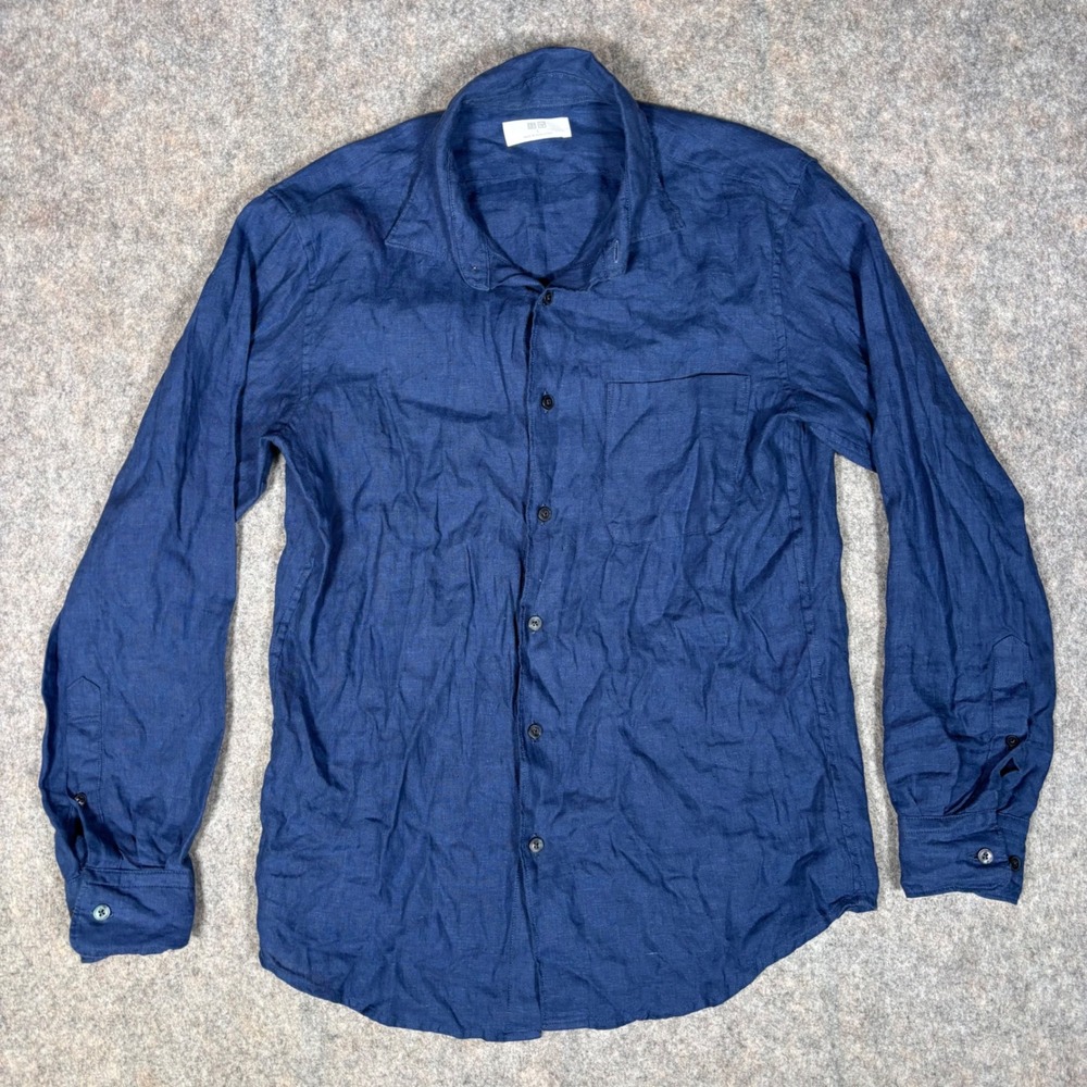 Uniqlo Linen Button Down Shirt Mens S Navy Blue Premium Long Sleeve 331-464932